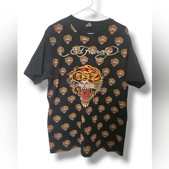 Vintage Ed Hardy Tiger Shirt Mens Medium Hollywood Print All Over - Picture 1 of 4